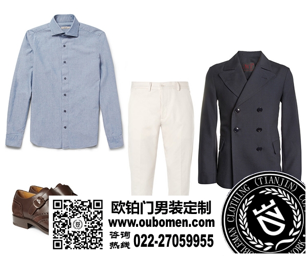 传统西装+牛仔衬衫